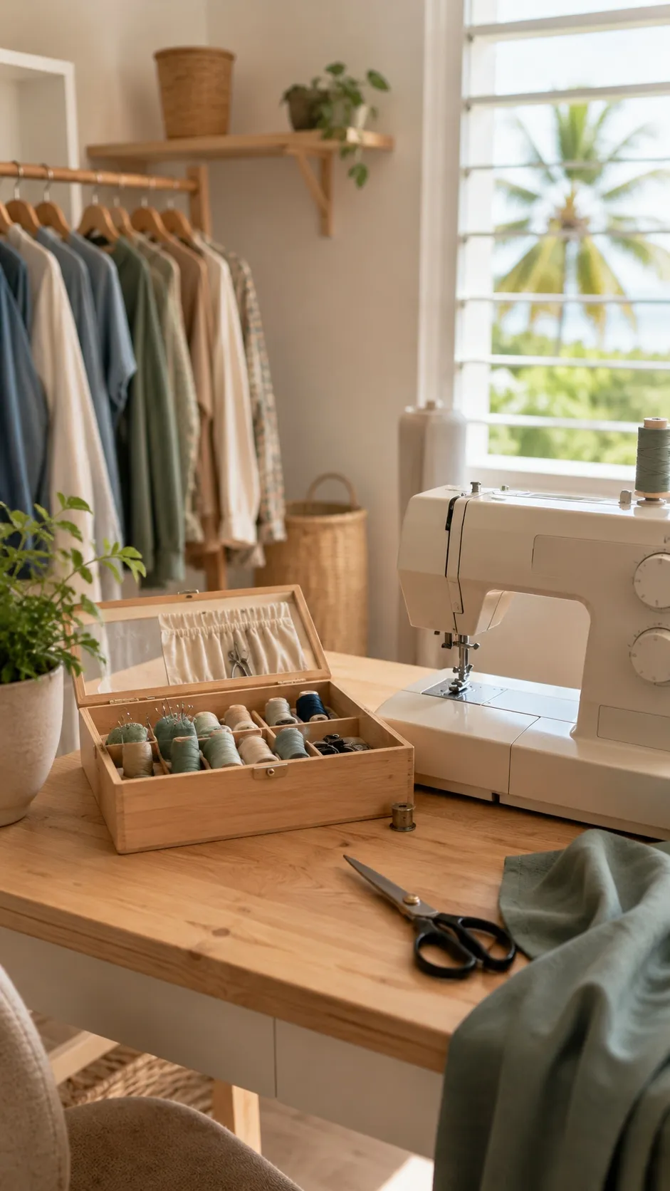Atelier de retouche De Fil en Épingles à Saint-François : table de travail, machine à coudre et vêtements en attente de dépôt