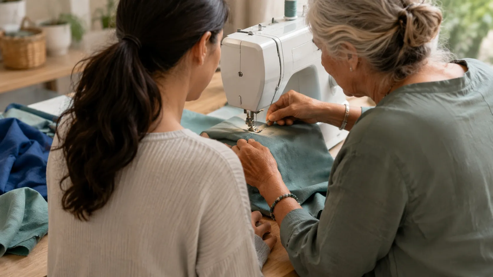 Cours de couture à l'atelier De Fil en Épingles : élève et couturière autour d'une machine à coudre