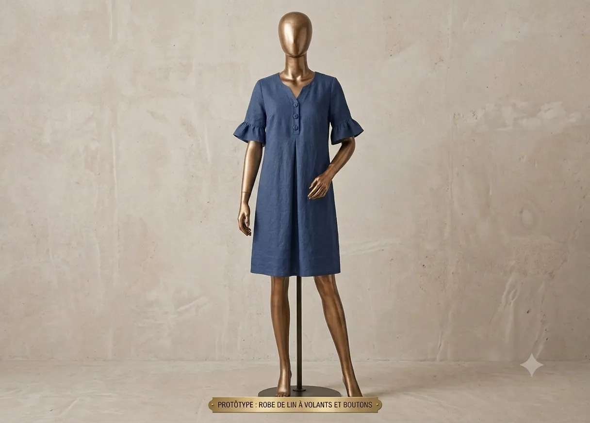 Création De Fil en Épingles : robe en lin bleu à volants et boutons, cousue main à l'atelier de Saint-François