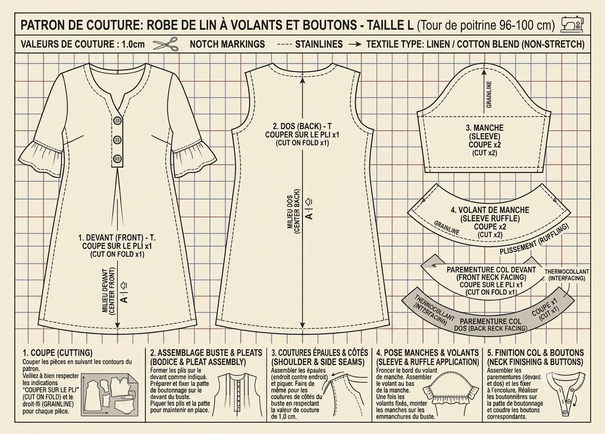 Planche de patron de couture De Fil en Épingles : robe en lin à volants et boutons, avec pièces cotées et instructions de montage