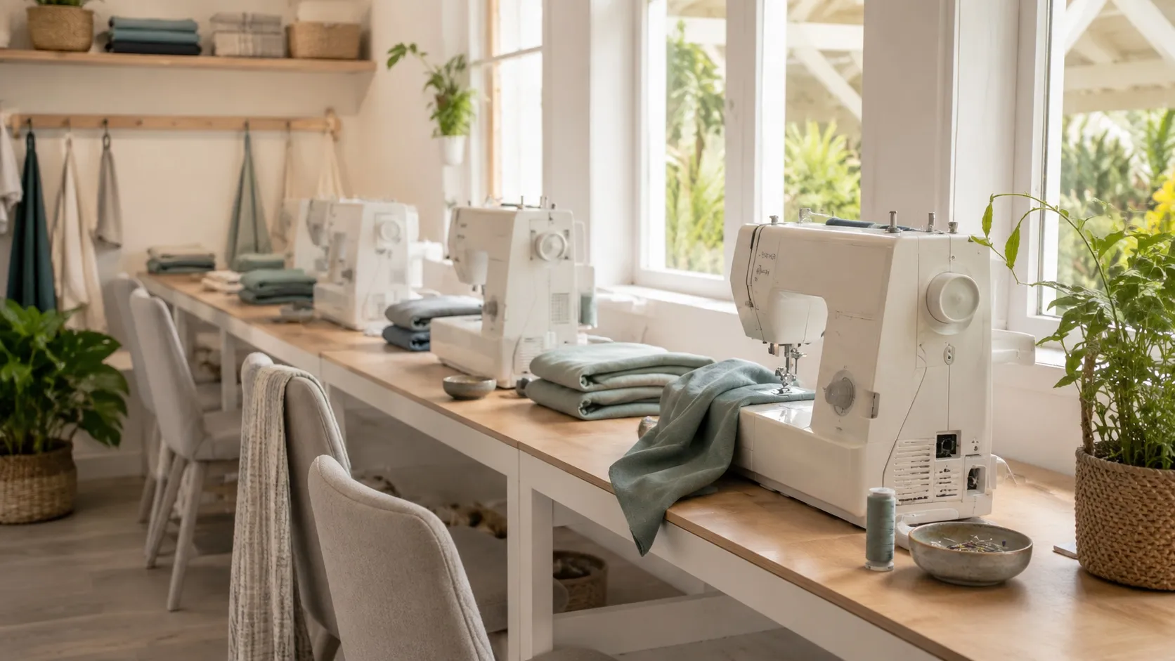 Machines à coudre et postes de travail installés à l'atelier de couture De Fil en Épingles à Saint-François