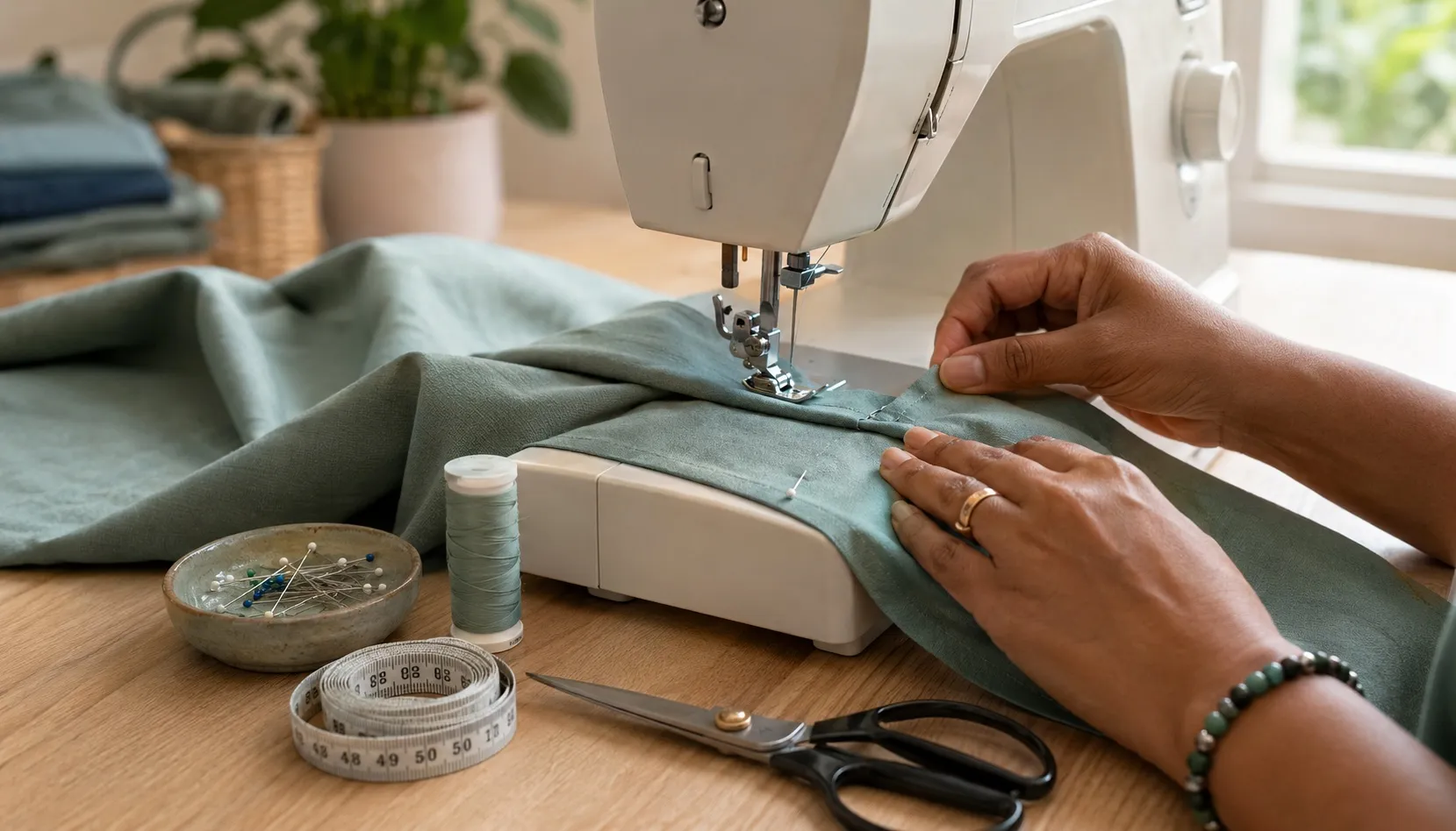 Retouche de vêtement en cours à l'atelier De Fil en Épingles : ourlet et ajustement à la machine à coudre