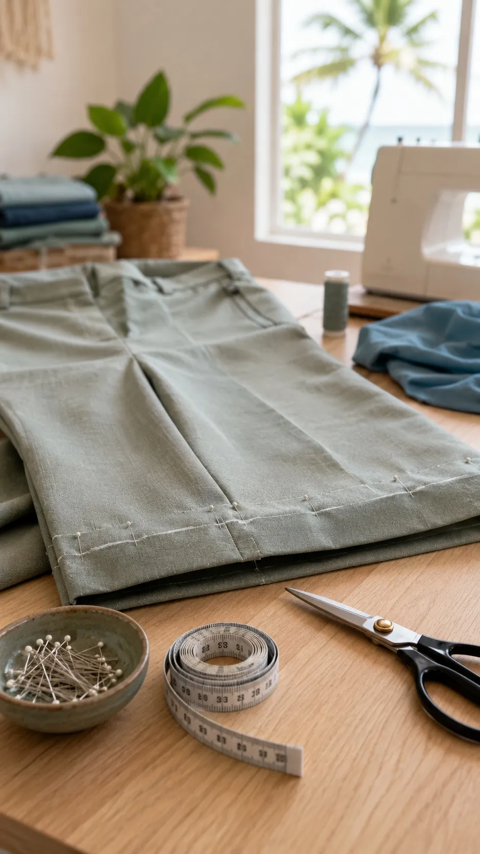 Retouche de vêtement en cours à l'atelier De Fil en Épingles de Saint-François : ourlet épinglé sur un pantalon